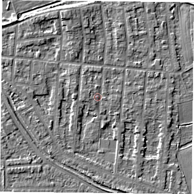Shaded relief map of the ground around NG25BT, computed from Environment Agency LiDAR. The ground here sits at about 24 m above sea level and falls 6 m across the surrounding 800 m. Surface water reaching this point runs off ground lying to the west-north-west, 1.5 m higher.