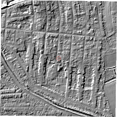 Shaded relief map of the ground around NG25BU, computed from Environment Agency LiDAR. The ground here sits at about 24 m above sea level and falls 5 m across the surrounding 800 m. Surface water reaching this point runs off ground lying to the north-west, 1.9 m higher.