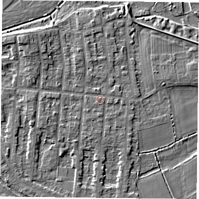 Shaded relief map of the ground around NG25BW, computed from Environment Agency LiDAR. The ground here sits at about 24 m above sea level and falls 6 m across the surrounding 800 m. Surface water reaching this point runs off ground lying to the north-north-west, 1.6 m higher.