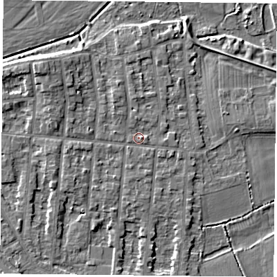 Shaded relief map of the ground around NG25BX, computed from Environment Agency LiDAR. The ground here sits at about 24 m above sea level and falls 6 m across the surrounding 800 m. Surface water reaching this point runs off ground lying to the north-north-west, 1.6 m higher.