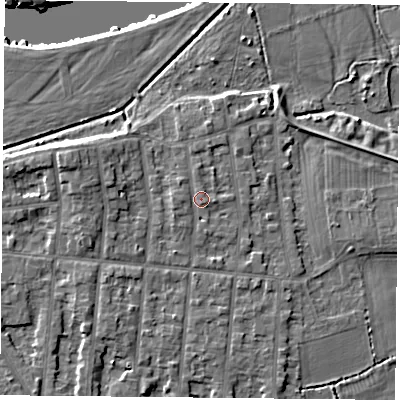 Shaded relief map of the ground around NG25BZ, computed from Environment Agency LiDAR. The ground here sits at about 24 m above sea level and falls 9 m across the surrounding 800 m. Surface water reaching this point runs off ground lying to the west, 0.9 m higher.