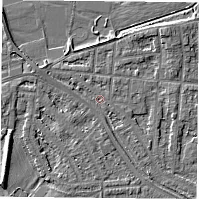 Shaded relief map of the ground around NG25DG, computed from Environment Agency LiDAR. The ground here sits at about 23 m above sea level and falls 9 m across the surrounding 800 m. Surface water reaching this point runs off ground lying to the west-north-west, 2.1 m higher.