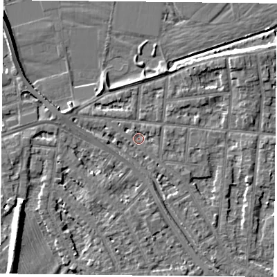 Shaded relief map of the ground around NG25DH, computed from Environment Agency LiDAR. The ground here sits at about 23 m above sea level and falls 9 m across the surrounding 800 m. Surface water reaching this point runs off ground lying to the east-north-east, 1.3 m higher.