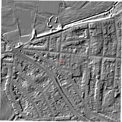 Shaded relief map of the ground around NG25DJ, computed from Environment Agency LiDAR. The ground here sits at about 24 m above sea level and falls 6 m across the surrounding 800 m. Surface water reaching this point runs off ground lying to the south, 0.6 m higher.