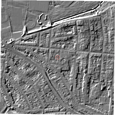 Shaded relief map of the ground around NG25DL, computed from Environment Agency LiDAR. The ground here sits at about 24 m above sea level and falls 6 m across the surrounding 800 m. Surface water reaching this point runs off ground lying to the west, 1.0 m higher.