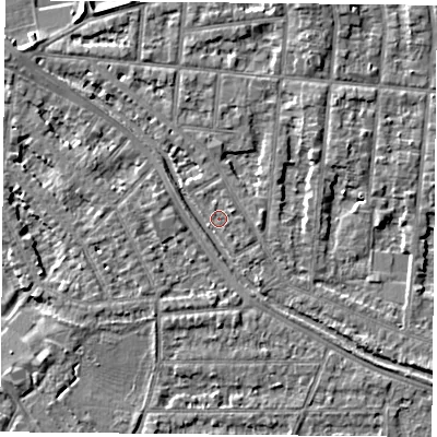 Shaded relief map of the ground around NG25DQ, computed from Environment Agency LiDAR. The ground here sits at about 24 m above sea level and falls 4 m across the surrounding 800 m. Surface water reaching this point runs off ground lying to the north-west, 2.7 m higher.