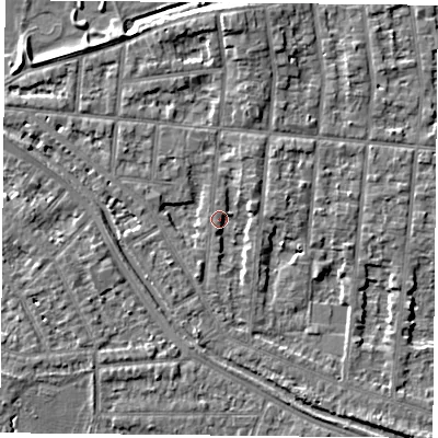 Shaded relief map of the ground around NG25DT, computed from Environment Agency LiDAR. The ground here sits at about 23 m above sea level and falls 5 m across the surrounding 800 m. Surface water reaching this point runs off ground lying to the north, 4.7 m higher.