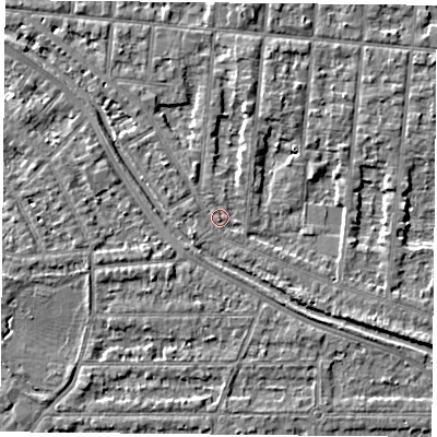 Shaded relief map of the ground around NG25DU, computed from Environment Agency LiDAR. The ground here sits at about 24 m above sea level and falls 3 m across the surrounding 800 m. Surface water reaching this point runs off ground lying to the north, 3.1 m higher.