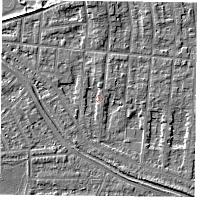 Shaded relief map of the ground around NG25DW, computed from Environment Agency LiDAR. The ground here sits at about 23 m above sea level and falls 5 m across the surrounding 800 m. Surface water reaching this point runs off ground lying to the north, 4.7 m higher.