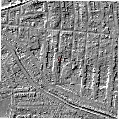 Shaded relief map of the ground around NG25DX, computed from Environment Agency LiDAR. The ground here sits at about 23 m above sea level and falls 5 m across the surrounding 800 m. Surface water reaching this point runs off ground lying to the north-north-west, 1.7 m higher.