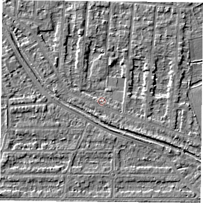 Shaded relief map of the ground around NG25DY, computed from Environment Agency LiDAR. The ground here sits at about 23 m above sea level and falls 4 m across the surrounding 800 m. Surface water reaching this point runs off ground lying to the south-east, 2.6 m higher.