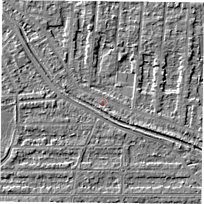 Shaded relief map of the ground around NG25DZ, computed from Environment Agency LiDAR. The ground here sits at about 23 m above sea level and falls 3 m across the surrounding 800 m. Surface water reaching this point runs off ground lying to the east-south-east, 2.6 m higher.