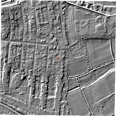 Shaded relief map of the ground around NG25EG, computed from Environment Agency LiDAR. The ground here sits at about 24 m above sea level and falls 6 m across the surrounding 800 m. Surface water reaching this point runs off ground lying to the west-north-west, 0.6 m higher.