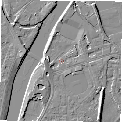 Shaded relief map of the ground around NG25FG, computed from Environment Agency LiDAR. The ground here sits at about 24 m above sea level and falls 9 m across the surrounding 800 m. Surface water reaching this point runs off ground lying to the west-south-west, 3.6 m higher.
