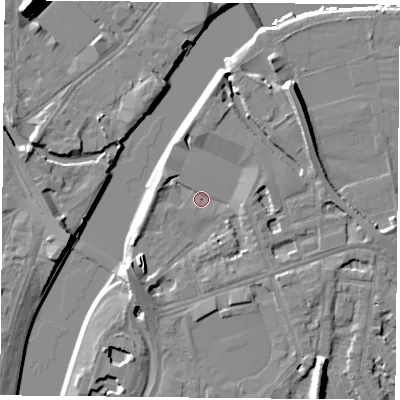 Shaded relief map of the ground around NG25FJ, computed from Environment Agency LiDAR. The ground here sits at about 23 m above sea level and falls 13 m across the surrounding 800 m. Surface water reaching this point runs off ground lying to the south-west, 5.3 m higher.