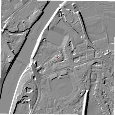 Shaded relief map of the ground around NG25FQ, computed from Environment Agency LiDAR. The ground here sits at about 23 m above sea level and falls 9 m across the surrounding 800 m. Surface water reaching this point runs off ground lying to the west-south-west, 4.2 m higher.