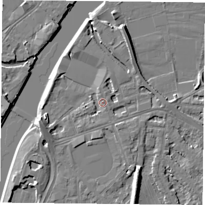 Shaded relief map of the ground around NG25FR, computed from Environment Agency LiDAR. The ground here sits at about 24 m above sea level and falls 9 m across the surrounding 800 m. Surface water reaching this point runs off ground lying to the south-west, 1.8 m higher.