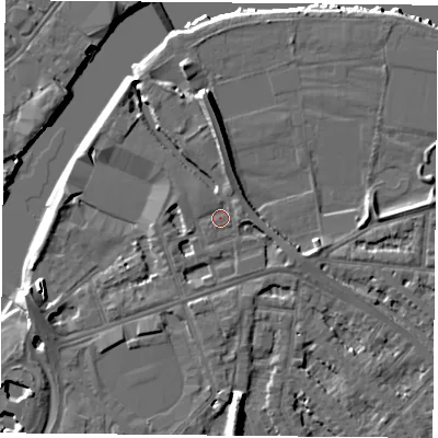 Shaded relief map of the ground around NG25FU, computed from Environment Agency LiDAR. The ground here sits at about 24 m above sea level and falls 12 m across the surrounding 800 m. Surface water reaching this point runs off ground lying to the north, 6.7 m higher.