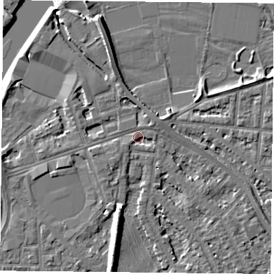 Shaded relief map of the ground around NG25FW, computed from Environment Agency LiDAR. The ground here sits at about 24 m above sea level and falls 9 m across the surrounding 800 m. Surface water reaching this point runs off ground lying to the north-north-west, 6.7 m higher.