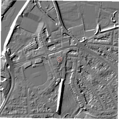 Shaded relief map of the ground around NG25FY, computed from Environment Agency LiDAR. The ground here sits at about 25 m above sea level and falls 9 m across the surrounding 800 m. Surface water reaching this point runs off ground lying to the west, 0.6 m higher.