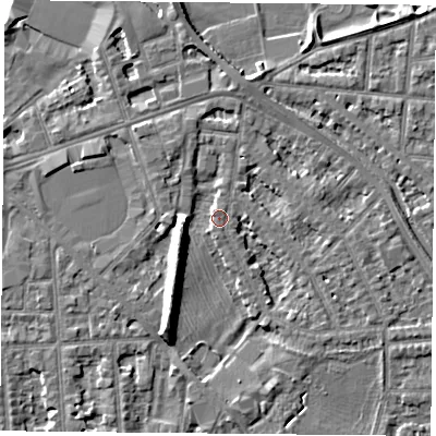 Shaded relief map of the ground around NG25GB, computed from Environment Agency LiDAR. The ground here sits at about 24 m above sea level and falls 9 m across the surrounding 800 m. Surface water reaching this point runs off ground lying to the south-south-west, 7.7 m higher.