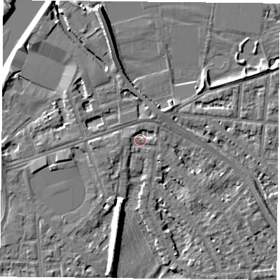 Shaded relief map of the ground around NG25GD, computed from Environment Agency LiDAR. The ground here sits at about 24 m above sea level and falls 9 m across the surrounding 800 m. Surface water reaching this point runs off ground lying to the west-south-west, 1.8 m higher.