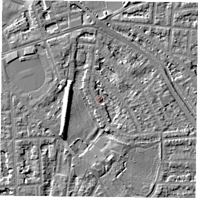 Shaded relief map of the ground around NG25GE, computed from Environment Agency LiDAR. The ground here sits at about 24 m above sea level and falls 8 m across the surrounding 800 m. Surface water reaching this point runs off ground lying to the north-west, 2.2 m higher.