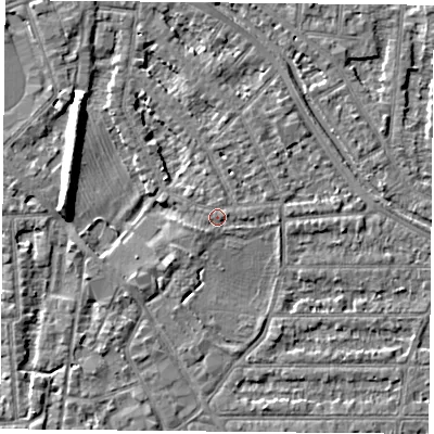 Shaded relief map of the ground around NG25GF, computed from Environment Agency LiDAR. The ground here sits at about 24 m above sea level and falls 8 m across the surrounding 800 m. Surface water reaching this point runs off ground lying to the south-west, 1.0 m higher.