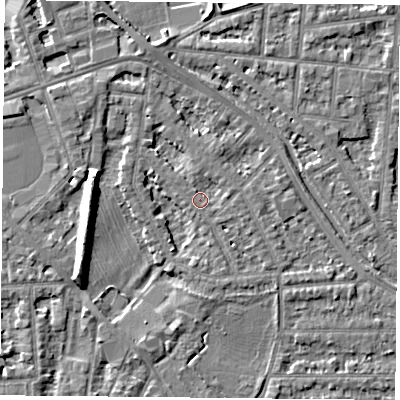 Shaded relief map of the ground around NG25GG, computed from Environment Agency LiDAR. The ground here sits at about 24 m above sea level and falls 8 m across the surrounding 800 m. Surface water reaching this point runs off ground lying to the east, 1.3 m higher.