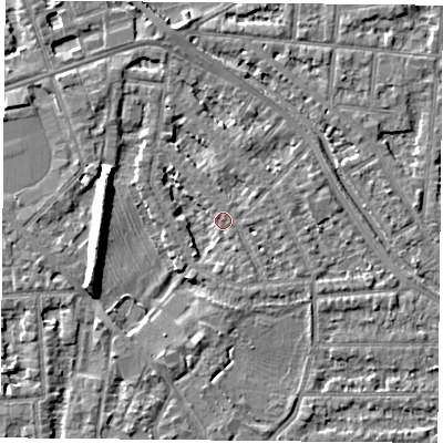 Shaded relief map of the ground around NG25GH, computed from Environment Agency LiDAR. The ground here sits at about 24 m above sea level and falls 8 m across the surrounding 800 m. Surface water reaching this point runs off ground lying to the south, 2.4 m higher.