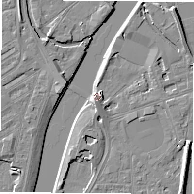 Shaded relief map of the ground around NG25GJ, computed from Environment Agency LiDAR. The ground here sits at about 26 m above sea level and falls 9 m across the surrounding 800 m. Surface water reaching this point runs off ground lying to the south-south-west, 4.1 m higher.