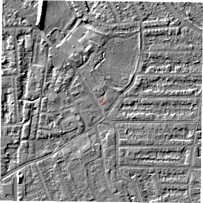 Shaded relief map of the ground around NG25GQ, computed from Environment Agency LiDAR. The ground here sits at about 24 m above sea level and falls 8 m across the surrounding 800 m. Surface water reaching this point runs off ground lying to the south-west, 3.2 m higher.