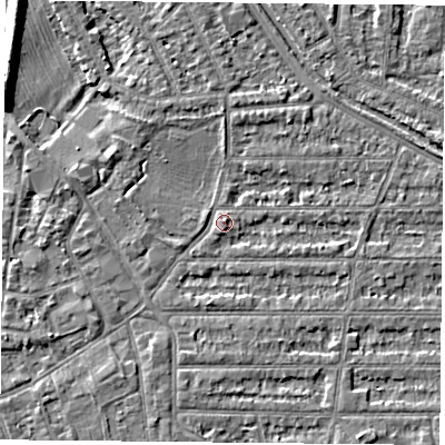 Shaded relief map of the ground around NG25GS, computed from Environment Agency LiDAR. The ground here sits at about 24 m above sea level and falls 8 m across the surrounding 800 m. Surface water reaching this point runs off ground lying to the west-north-west, 2.4 m higher.