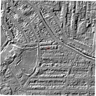 Shaded relief map of the ground around NG25GT, computed from Environment Agency LiDAR. The ground here sits at about 24 m above sea level and falls 3 m across the surrounding 800 m. Surface water reaching this point runs off ground lying to the east, 1.2 m higher.