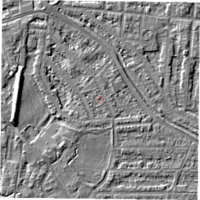 Shaded relief map of the ground around NG25GU, computed from Environment Agency LiDAR. The ground here sits at about 24 m above sea level and falls 8 m across the surrounding 800 m. Surface water reaching this point runs off ground lying to the north-north-west, 1.3 m higher.