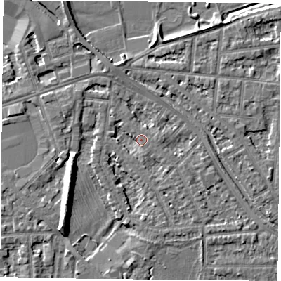 Shaded relief map of the ground around NG25GW, computed from Environment Agency LiDAR. The ground here sits at about 24 m above sea level and falls 9 m across the surrounding 800 m. Surface water reaching this point runs off ground lying to the south-east, 1.9 m higher.