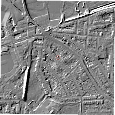 Shaded relief map of the ground around NG25GX, computed from Environment Agency LiDAR. The ground here sits at about 24 m above sea level and falls 9 m across the surrounding 800 m. Surface water reaching this point runs off ground lying to the south-east, 0.7 m higher.