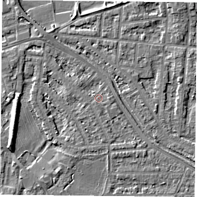 Shaded relief map of the ground around NG25GY, computed from Environment Agency LiDAR. The ground here sits at about 24 m above sea level and falls 8 m across the surrounding 800 m. Surface water reaching this point runs off ground lying to the west-south-west, 0.8 m higher.