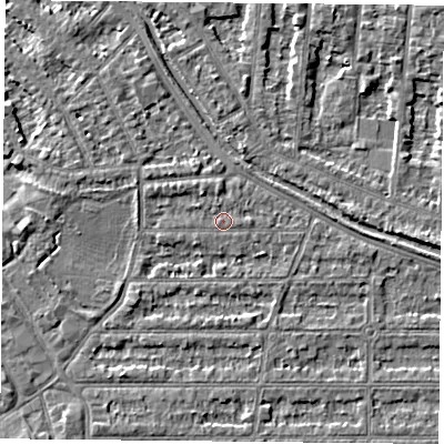 Shaded relief map of the ground around NG25HA, computed from Environment Agency LiDAR. The ground here sits at about 24 m above sea level and falls 3 m across the surrounding 800 m. Surface water reaching this point runs off ground lying to the north, 1.2 m higher.