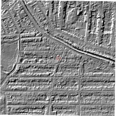 Shaded relief map of the ground around NG25HB, computed from Environment Agency LiDAR. The ground here sits at about 24 m above sea level and falls 3 m across the surrounding 800 m. Surface water reaching this point runs off ground lying to the south-west, 1.9 m higher.