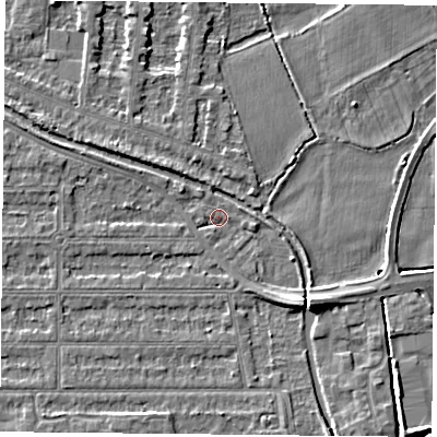 Shaded relief map of the ground around NG25HE, computed from Environment Agency LiDAR. The ground here sits at about 23 m above sea level and falls 5 m across the surrounding 800 m. Surface water reaching this point runs off ground lying to the south-east, 4.1 m higher.