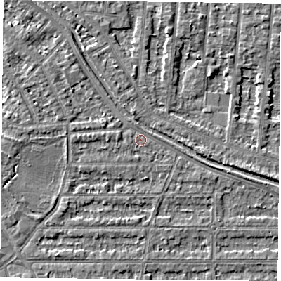 Shaded relief map of the ground around NG25HF, computed from Environment Agency LiDAR. The ground here sits at about 24 m above sea level and falls 3 m across the surrounding 800 m. Surface water reaching this point runs off ground lying to the west, 1.4 m higher.