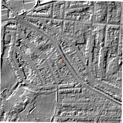 Shaded relief map of the ground around NG25HG, computed from Environment Agency LiDAR. The ground here sits at about 24 m above sea level and falls 8 m across the surrounding 800 m. Surface water reaching this point runs off ground lying to the north-west, 2.7 m higher.