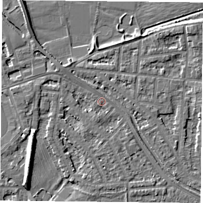 Shaded relief map of the ground around NG25HH, computed from Environment Agency LiDAR. The ground here sits at about 24 m above sea level and falls 9 m across the surrounding 800 m. Surface water reaching this point runs off ground lying to the west, 3.0 m higher.