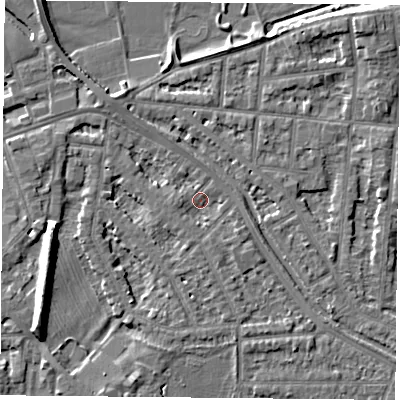 Shaded relief map of the ground around NG25HJ, computed from Environment Agency LiDAR. The ground here sits at about 24 m above sea level and falls 9 m across the surrounding 800 m. Surface water reaching this point runs off ground lying to the south-east, 1.7 m higher.