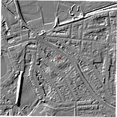 Shaded relief map of the ground around NG25HL, computed from Environment Agency LiDAR. The ground here sits at about 24 m above sea level and falls 9 m across the surrounding 800 m. Surface water reaching this point runs off ground lying to the west-north-west, 3.0 m higher.