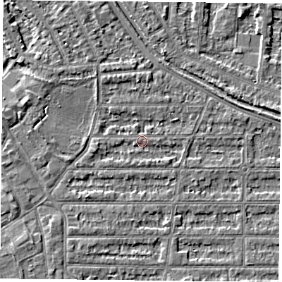 Shaded relief map of the ground around NG25HR, computed from Environment Agency LiDAR. The ground here sits at about 24 m above sea level and falls 3 m across the surrounding 800 m. Surface water reaching this point runs off ground lying to the west-north-west, 2.4 m higher.