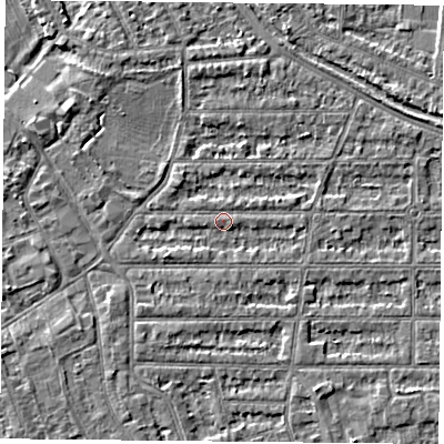 Shaded relief map of the ground around NG25HU, computed from Environment Agency LiDAR. The ground here sits at about 24 m above sea level and falls 3 m across the surrounding 800 m. Surface water reaching this point runs off ground lying to the west-south-west, 1.4 m higher.