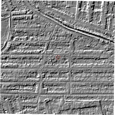 Shaded relief map of the ground around NG25HW, computed from Environment Agency LiDAR. The ground here sits at about 23 m above sea level and falls 3 m across the surrounding 800 m. Surface water reaching this point runs off ground lying to the west-south-west, 1.1 m higher.
