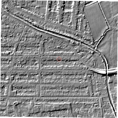 Shaded relief map of the ground around NG25HX, computed from Environment Agency LiDAR. The ground here sits at about 23 m above sea level and falls 5 m across the surrounding 800 m. Surface water reaching this point runs off ground lying to the east-south-east, 4.1 m higher.